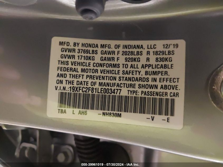 2020 Honda Civic Sport VIN: 19XFC2F81LE003477 Lot: 39961019