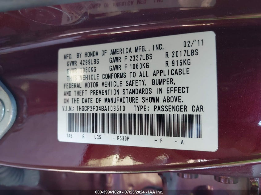 2011 Honda Accord 2.4 Lx VIN: 1HGCP2F34BA103510 Lot: 39961020