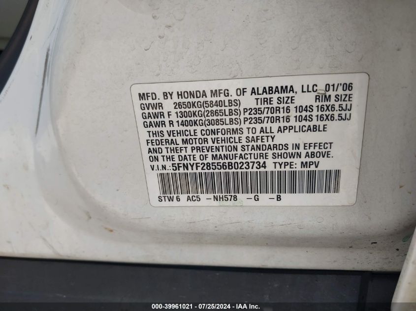 2006 Honda Pilot Ex VIN: 5FNYF28556B023734 Lot: 39961021