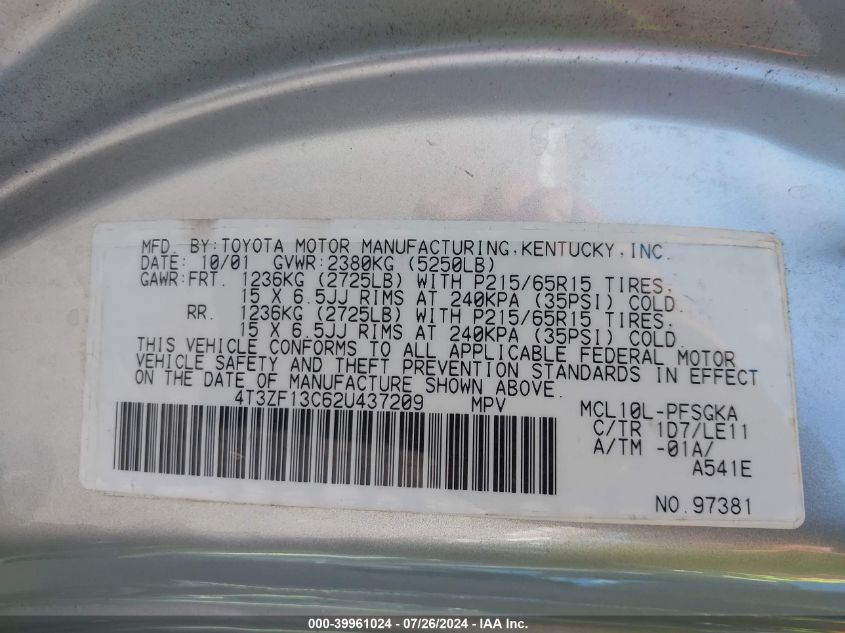 2002 Toyota Sienna Le/Xle VIN: 4T3ZF13C62U437209 Lot: 39961024