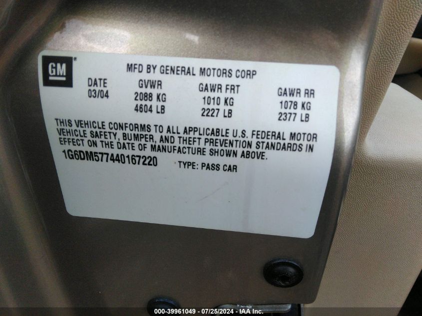 2004 Cadillac Cts Standard VIN: 1G6DM577440167220 Lot: 39961049