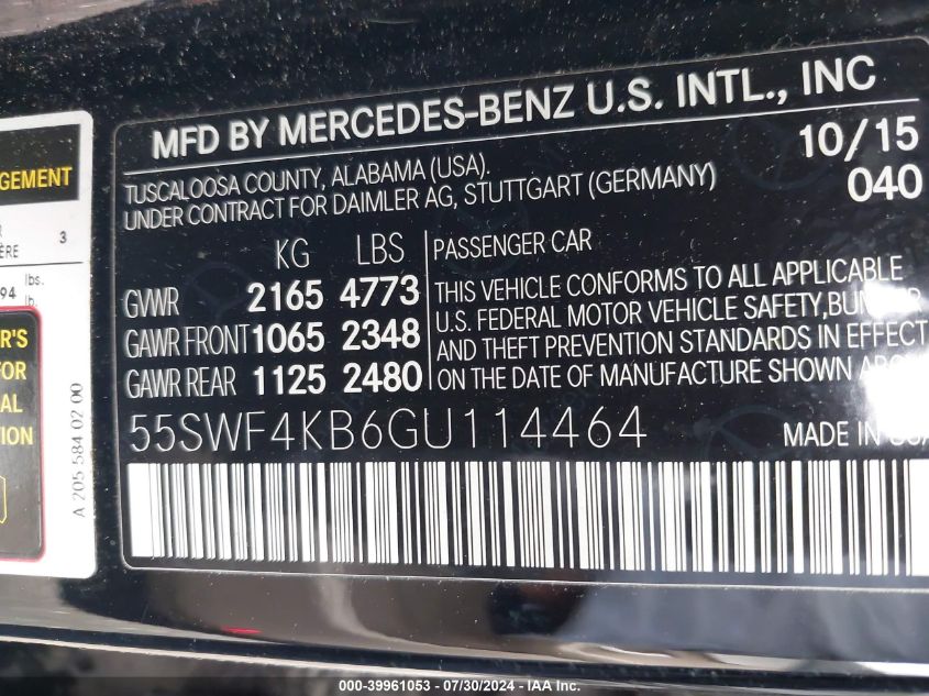 2016 Mercedes-Benz C 300 4Matic VIN: 55SWF4KB6GU114464 Lot: 39961053