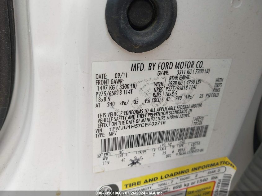2012 Ford Expedition Xlt/King Ranch VIN: 1FMJU1H57CEF02716 Lot: 39961060