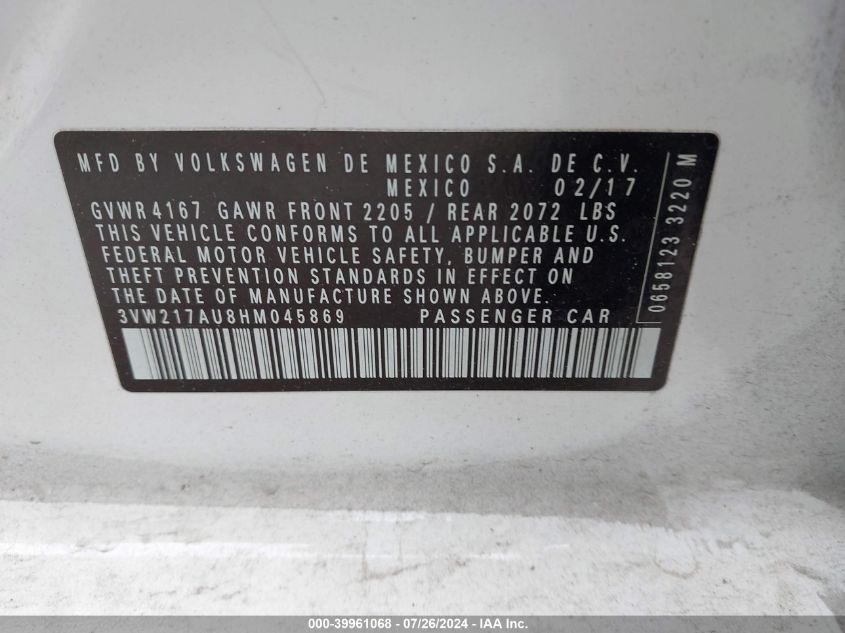 2017 Volkswagen Golf Tsi S 4-Door/Tsi Se 4-Door/Tsi Sel 4-Door/Tsi Wolfsburg Edition 4-Door VIN: 3VW217AU8HM045869 Lot: 39961068