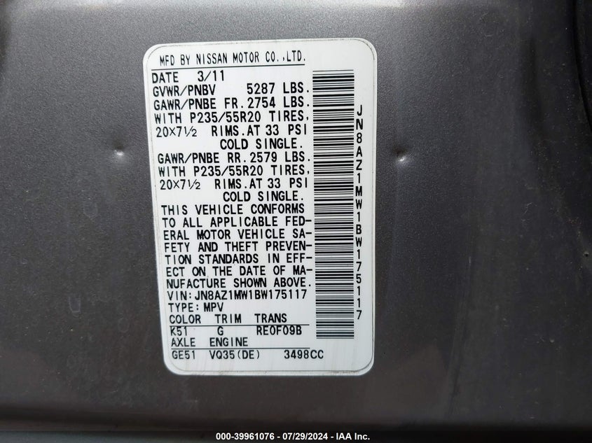 2011 Nissan Murano Le VIN: JN8AZ1MW1BW175117 Lot: 39961076