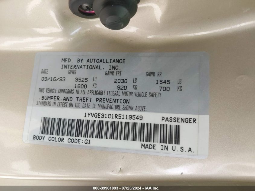 1994 Mazda Mx-6 VIN: 1YVGE31C1R5119549 Lot: 39961093