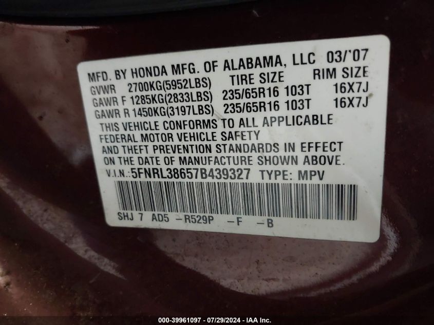 2007 Honda Odyssey Exl VIN: 5FNRL38657B439327 Lot: 39961097