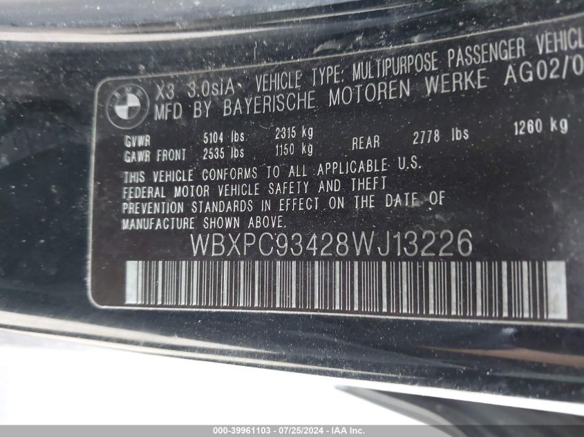 2008 BMW X3 3.0Si VIN: WBXPC93428WJ13226 Lot: 39961103