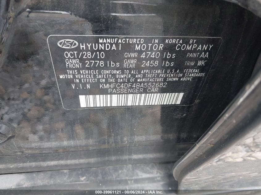 2011 Hyundai Azera Limited VIN: KMHFC4DF4BA552682 Lot: 39961121