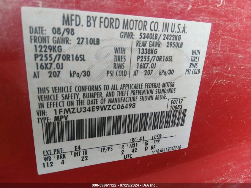 1998 Ford Explorer VIN: 1FMZU34E9WZC06498 Lot: 39961122