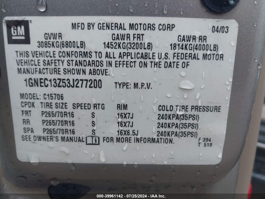 2003 Chevrolet Tahoe Lt VIN: 1GNEC13Z53J277200 Lot: 39961142