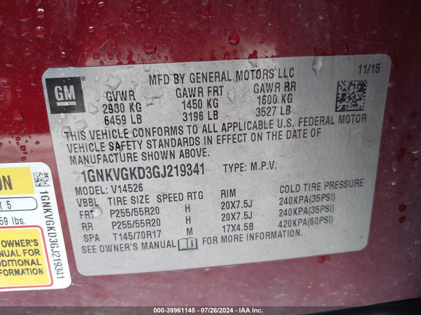 2016 Chevrolet Traverse 1Lt VIN: 1GNKVGKD3GJ219341 Lot: 39961145