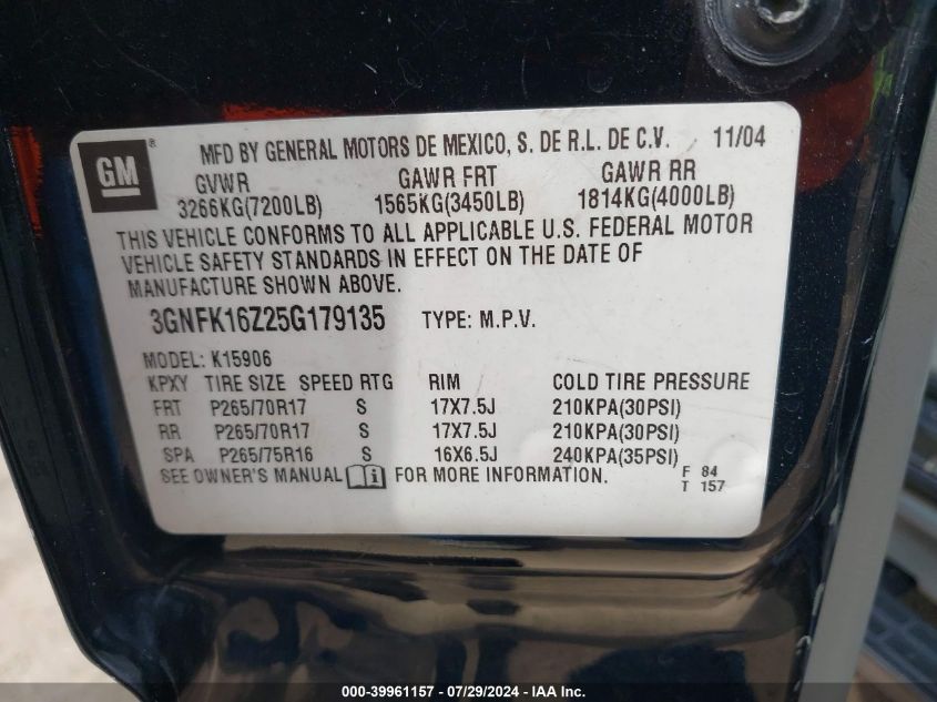 2005 Chevrolet Suburban 1500 Z71 VIN: 3GNFK16Z25G179135 Lot: 39961157