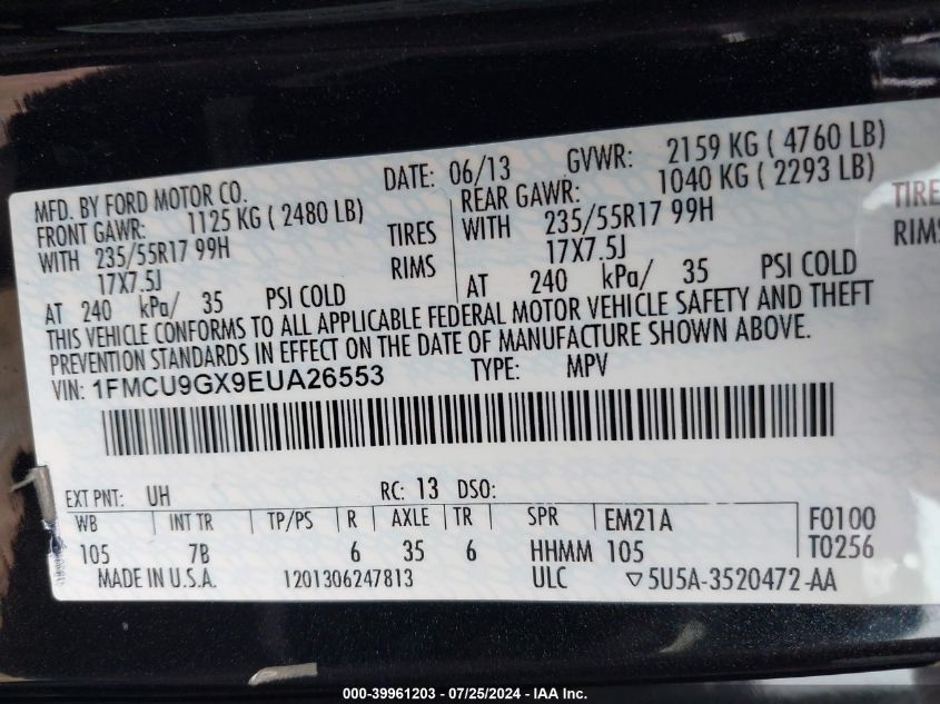 2014 Ford Escape Se VIN: 1FMCU9GX9EUA26553 Lot: 39961203