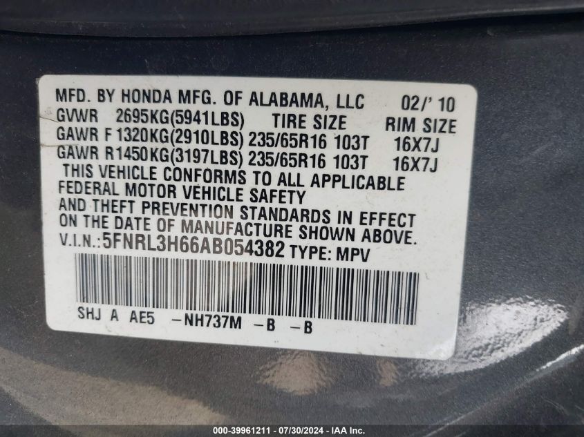 2010 Honda Odyssey Ex-L VIN: 5FNRL3H66AB054382 Lot: 39961211