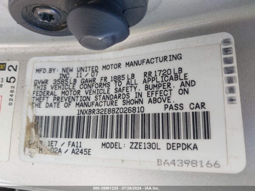 2008 Toyota Corolla Ce VIN: 1NXBR32E88Z026810 Lot: 39961225