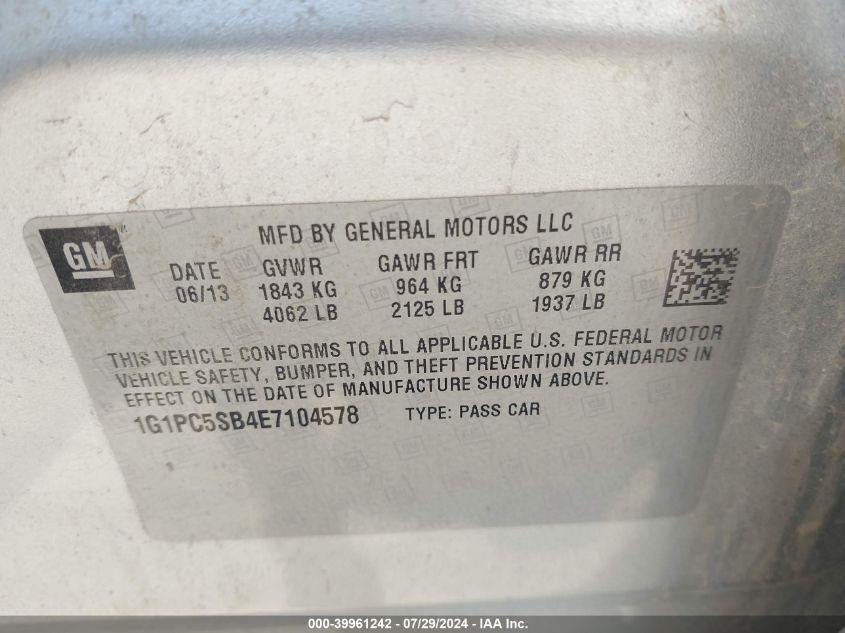 2014 Chevrolet Cruze Lt VIN: 1G1PC5SB4E7104578 Lot: 39961242