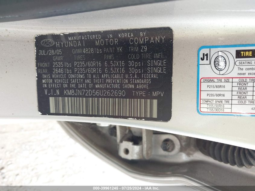 2006 Hyundai Tucson Gls/Limited VIN: KM8JN72D56U262690 Lot: 39961245