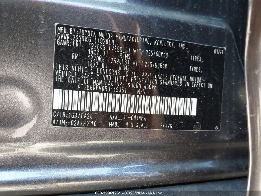 2024 Toyota Rav4 Xle Premium VIN: 4T3B6RFV0RU149354 Lot: 39961261