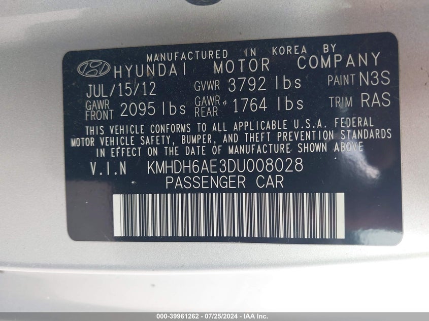 2013 Hyundai Elantra Se VIN: KMHDH6AE3DU008028 Lot: 39961262