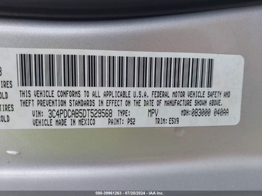 2013 Dodge Journey Se VIN: 3C4PDCAB5DT529568 Lot: 39961263