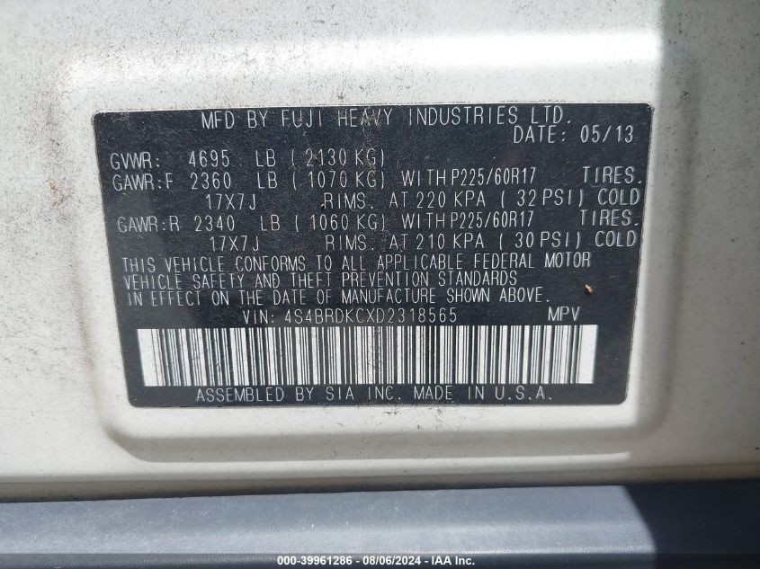 2013 Subaru Outback 3.6R Limited VIN: 4S4BRDKCXD2318565 Lot: 39961286