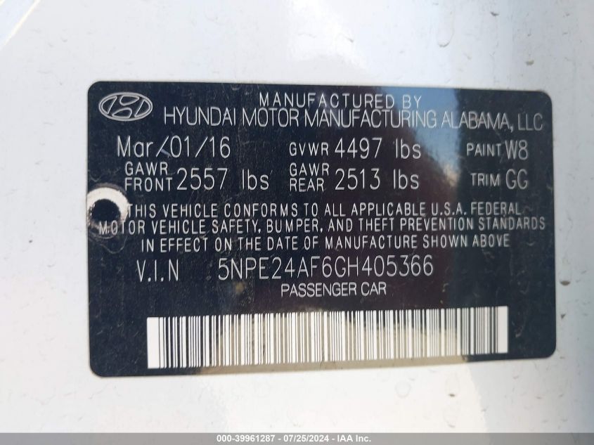 2016 HYUNDAI SONATA SE - 5NPE24AF6GH405366