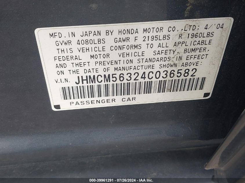 2004 Honda Accord 2.4 Lx VIN: JHMCM56324C036582 Lot: 39961291