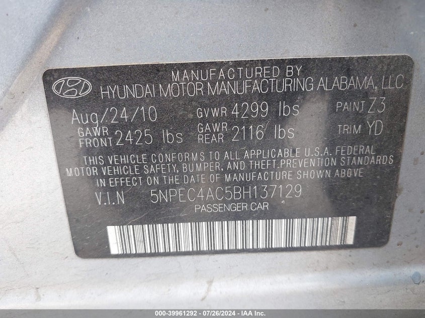 2011 Hyundai Sonata Limited VIN: 5NPEC4AC5BH137129 Lot: 39961292