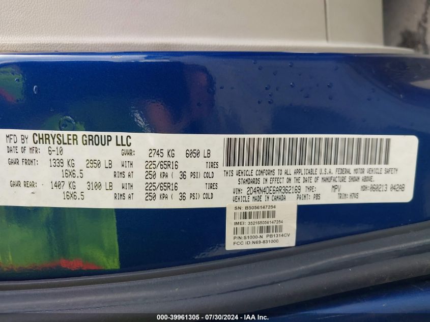 2010 Dodge Grand Caravan Se VIN: 2D4RN4DE6AR362169 Lot: 39961305