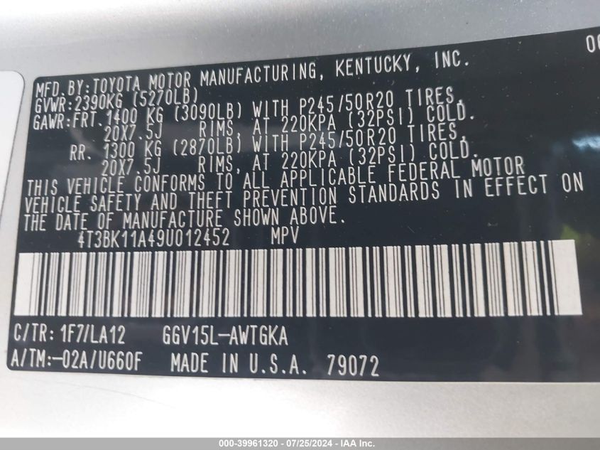 2009 Toyota Venza Base V6 VIN: 4T3BK11A49U012452 Lot: 39961320