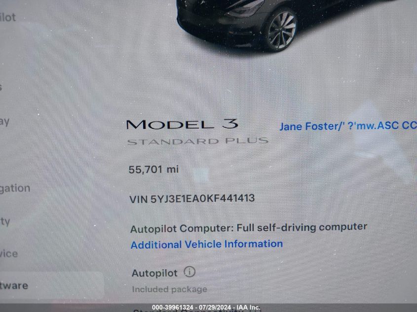 2019 Tesla Model 3 Long Range/Mid Range/Standard Range/Standard Range Plus VIN: 5YJ3E1EA0KF441413 Lot: 39961324