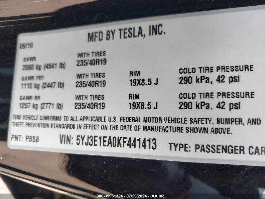 2019 TESLA MODEL 3 LONG RANGE/MID RANGE/STANDARD RANGE/STANDARD RANGE PLUS - 5YJ3E1EA0KF441413