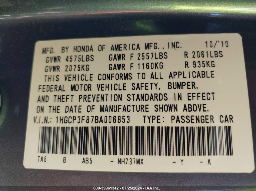 2011 Honda Accord 3.5 Ex-L VIN: 1HGCP3F87BA006853 Lot: 39961342