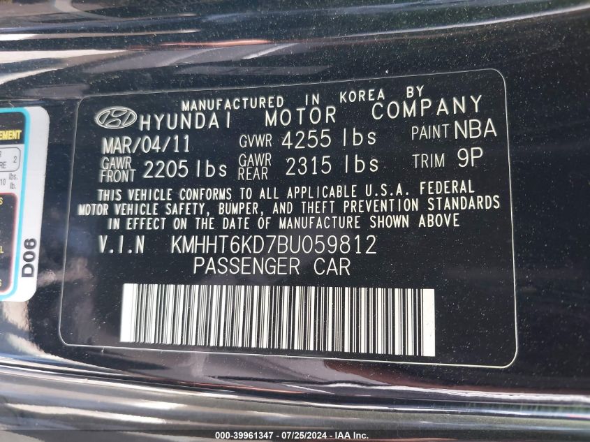 2011 Hyundai Genesis 2.0T VIN: KMHHT6KD7BU059812 Lot: 39961347