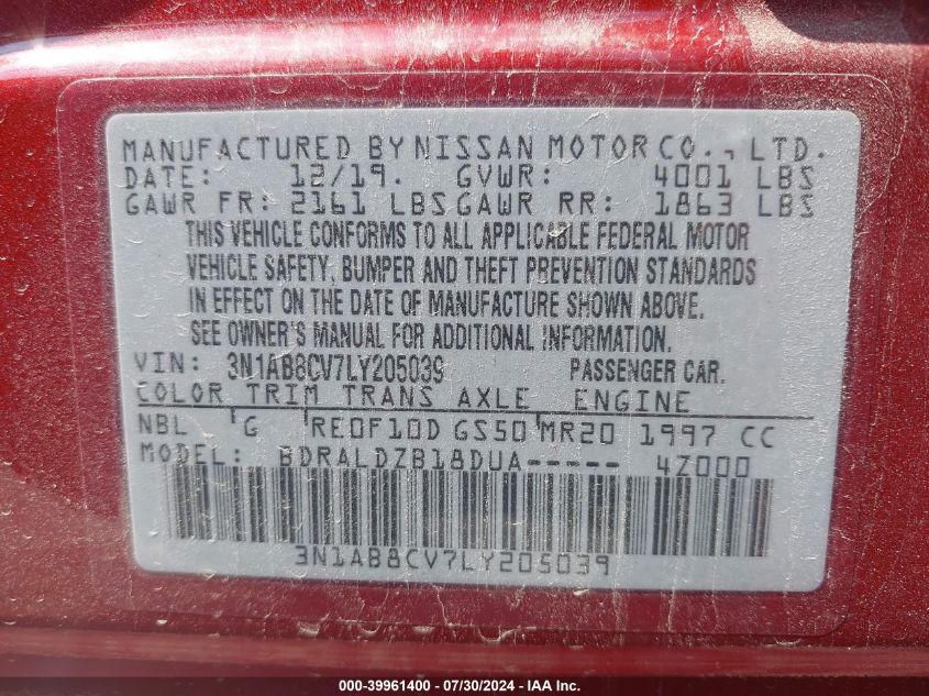 2020 Nissan Sentra Sv Xtronic Cvt VIN: 3N1AB8CV7LY205039 Lot: 39961400