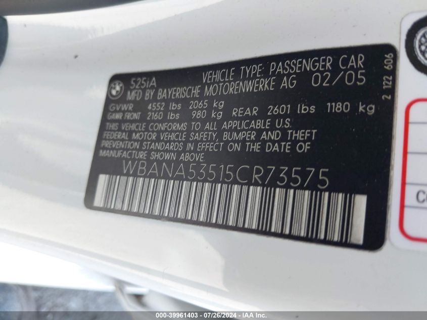 2005 BMW 525I VIN: WBANA53515CR73575 Lot: 39961403
