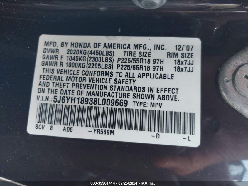 2008 Honda Element Sc VIN: 5J6YH18938L009669 Lot: 39961414