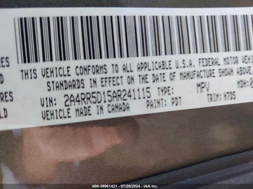 2010 Chrysler Town & Country Touring VIN: 2A4RR5D15AR241115 Lot: 39961421