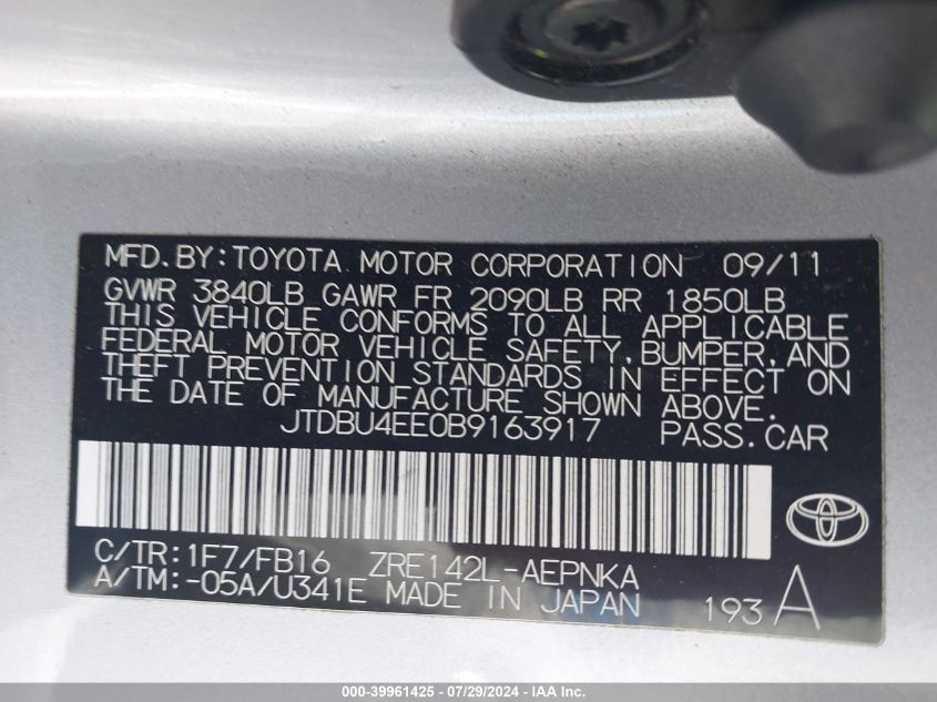 2011 Toyota Corolla Le VIN: JTDBU4EE0B9163917 Lot: 39961425