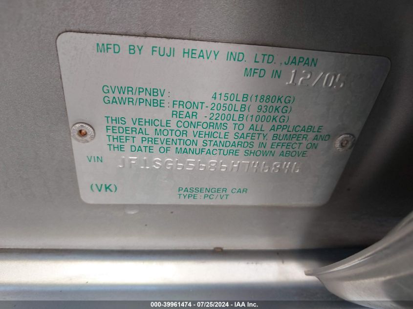 2006 Subaru Forester 2.5X VIN: JF1SG65686H746846 Lot: 39961474