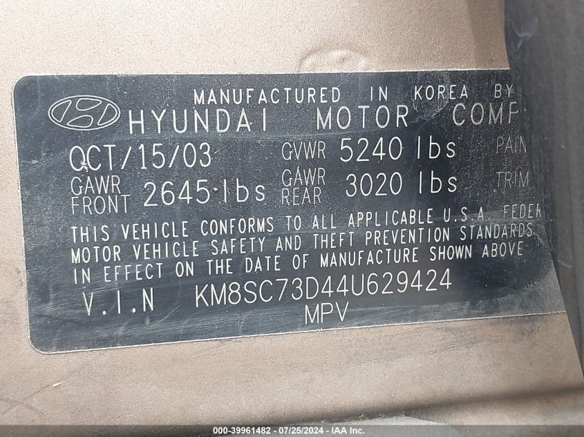 2004 Hyundai Santa Fe Gls VIN: KM8SC73D44U629424 Lot: 39961482