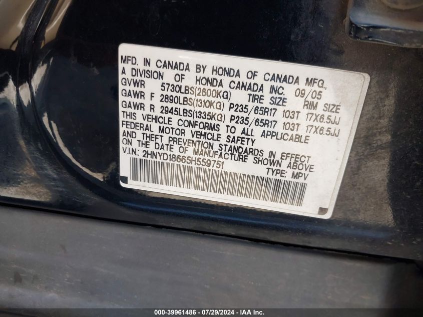 2005 Acura Mdx VIN: 2HNYD18665H559751 Lot: 39961486