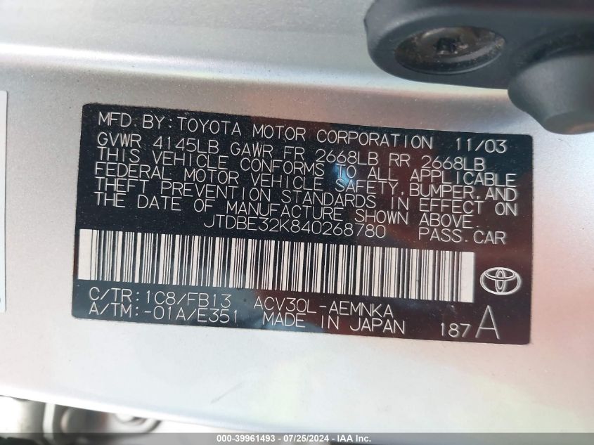 2004 Toyota Camry Le VIN: JTDBE32K840268780 Lot: 39961493