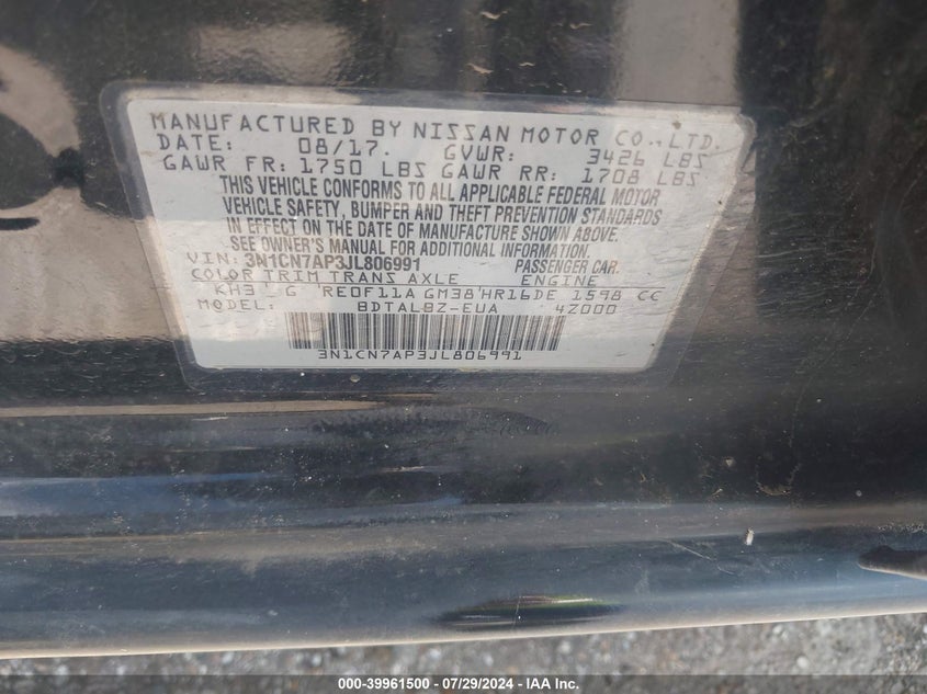 2018 NISSAN VERSA 1.6 SV - 3N1CN7AP3JL806991