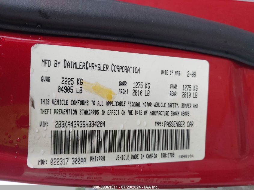 02B3KA43R36H39420 2006 Dodge Charger Se/Sxt