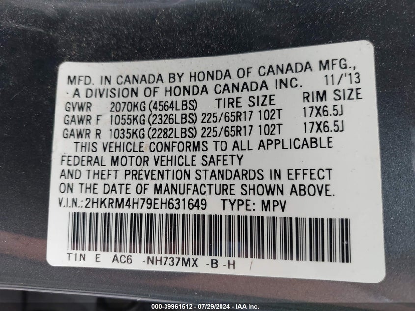 2014 Honda Cr-V Ex-L VIN: 2HKRM4H79EH631649 Lot: 39961512