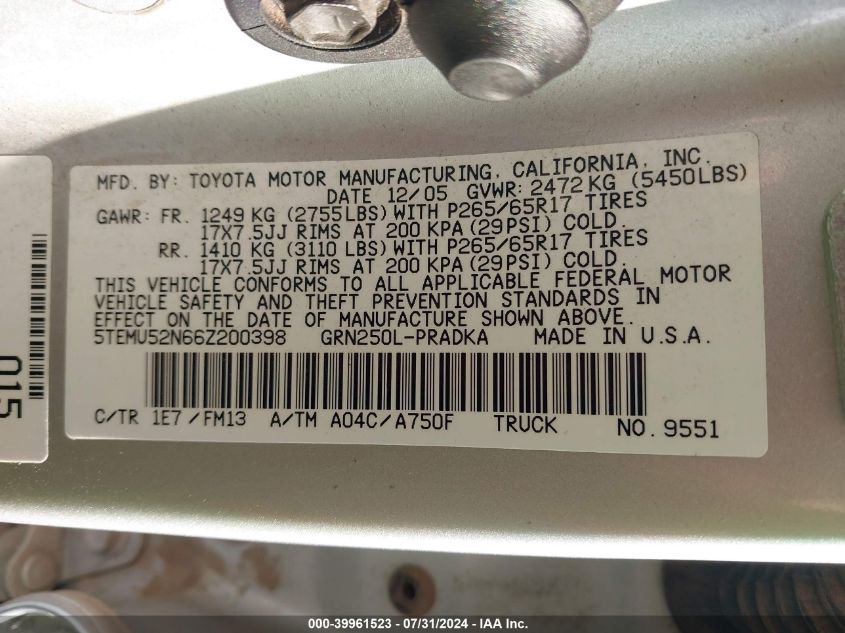 2006 Toyota Tacoma Base V6 VIN: 5TEMU52N66Z200398 Lot: 39961523