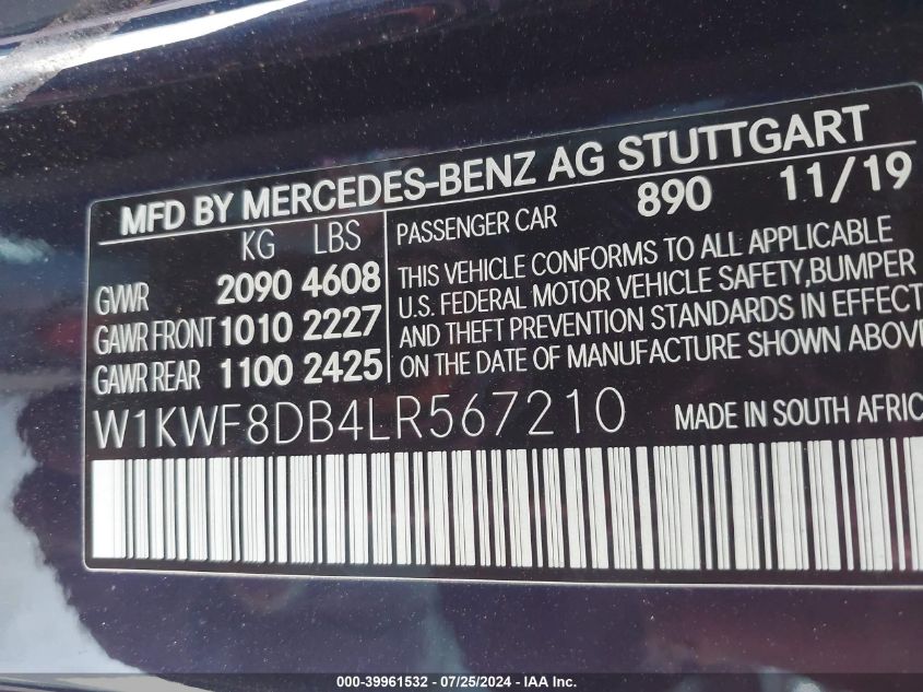 2020 Mercedes-Benz C 300 VIN: W1KWF8DB4LR567210 Lot: 39961532