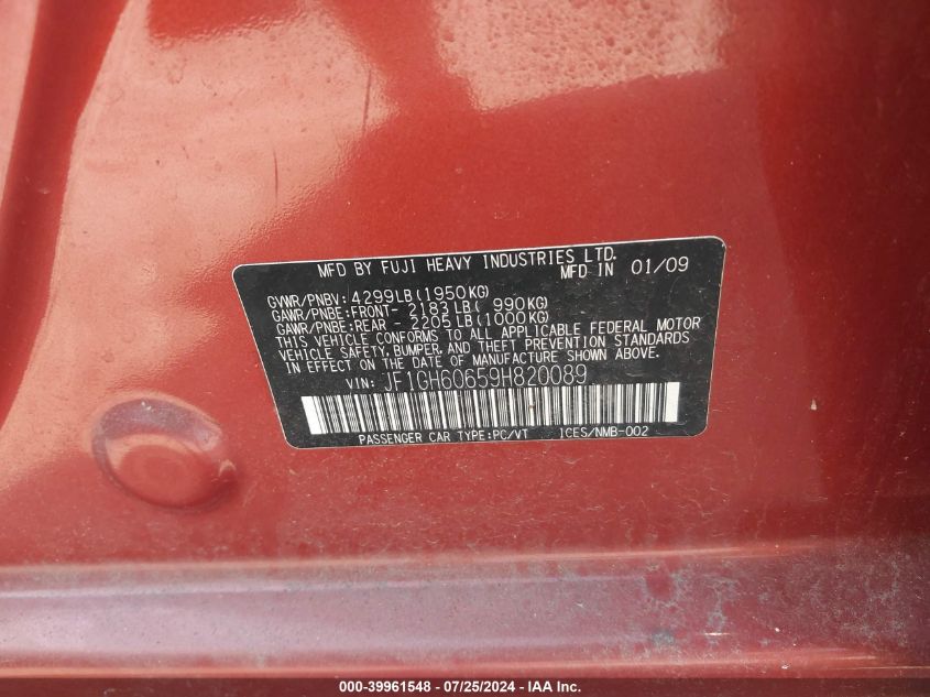 2009 Subaru Impreza 2.5I VIN: JF1GH60659H820089 Lot: 39961548